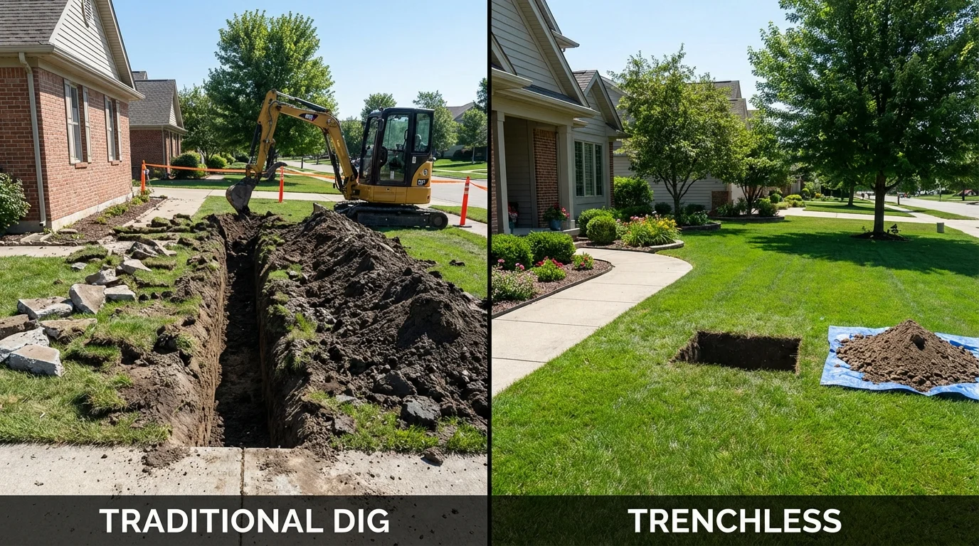 Trenchless sewer repair with minimal yard damage versus traditional excavation in Cortland, OH